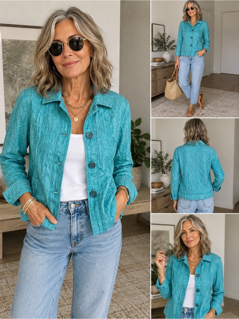 Sag Harbor Petite Textured Turquoise Jacket Blazer PS